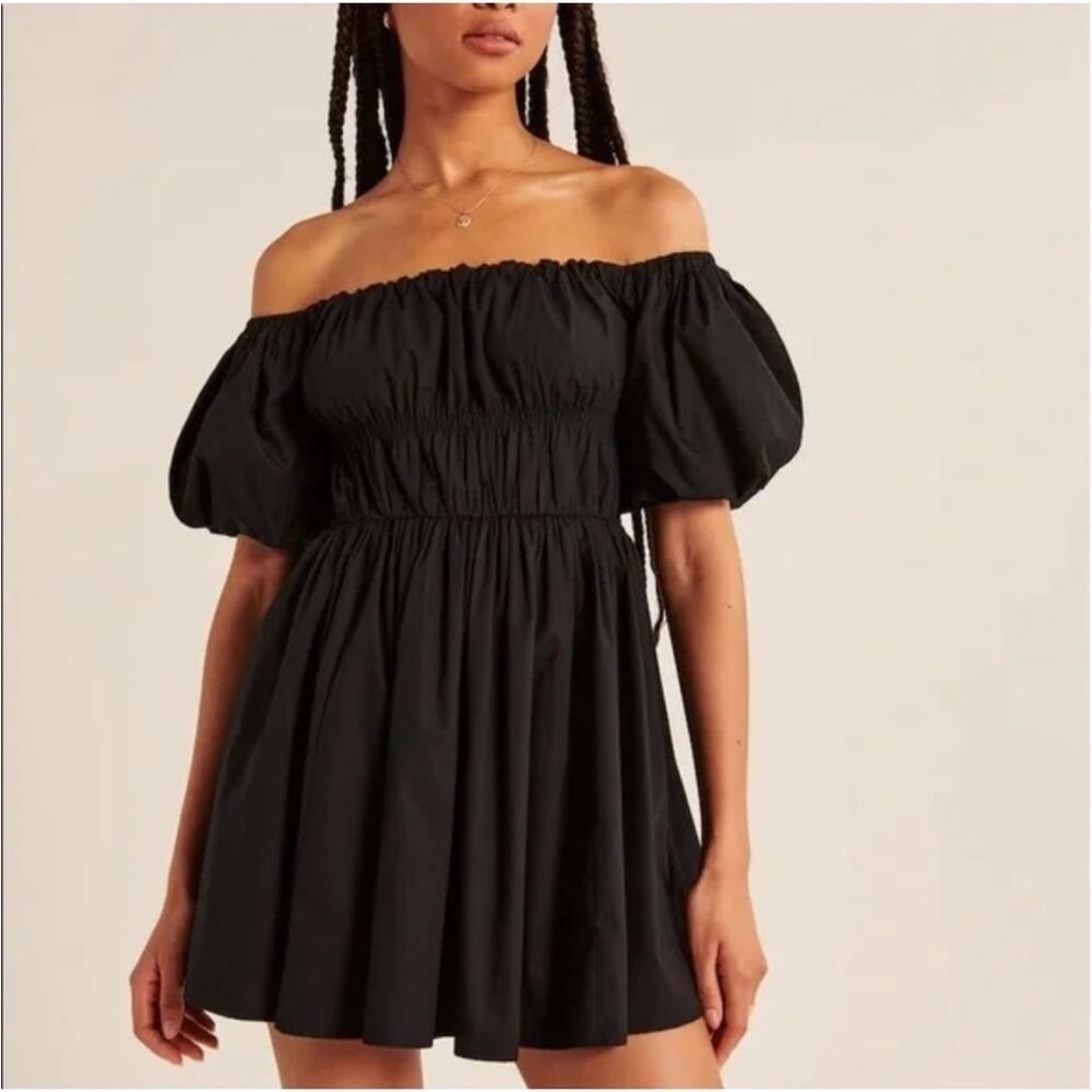 Abercrombie & Fitch Black Off Shoulder Puff Sleeve Mini Sun Dress Size XS Petite
